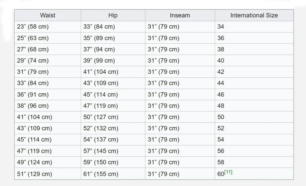 Women’s Pants Measurements Chart